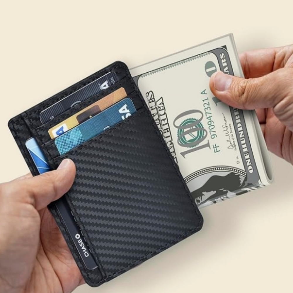 SLIM WALLET leather RFID blocker Mens Womens black minimalist EUC card gift - Picture 12 of 13